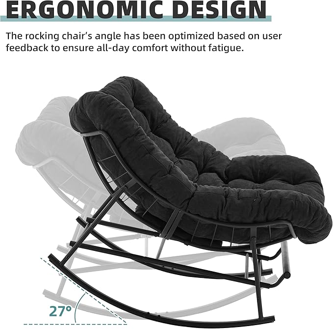 Oversized Rocking Chair Indoor with Foot Rest, Papasan Rocking Chair Outdoor, Lounge Chair with Cushion, Patio Egg Rocker Chairs, Comfy Reading Chairs for Living Room,Garden, Lawn, Dark Grey