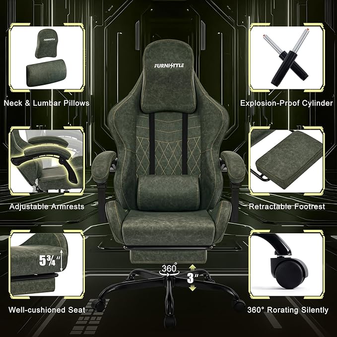 Gaming Chair Big and Tall, Green Leather Video Game Chairs with Footrest, Padded Linkage Armrests & Large Headrest, Ergonomic Computer Chair 350lbs for Adults Gaming or Office Use