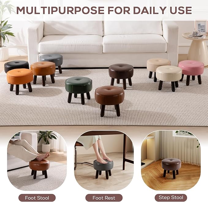 oakvivo Small Foot Stool Ottoman, Round Pouf Foot Rest, Footstool Ottomans with Rubber Legs Under Desk, Faux Leather Footrest for Couch, Living Room, Bedroom, Office, 13''L x 13''W x 10.2''H, Coffee