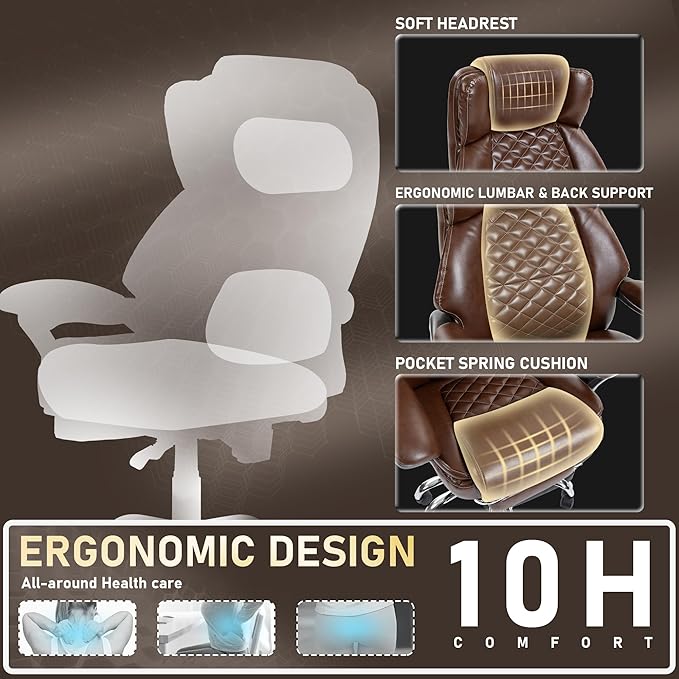 DYHOME 500 lbs Office Chair with Foot Rest, Ergonomic Reclining Big and Tall Office Desk Chair with Lumbar Support & Pocket Spring Cushion, High Back Computer Chair, PU, Thicker Seat Cushion (Brown)