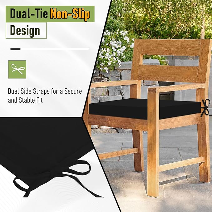 Basic Beyond Outdoor Chair Cushions Set of 4, Square Corner Outdoor Cushions for Patio Furniture, Water Resistant Patio Chair Cushions with 2 Ties, 18.5x16x3, Black