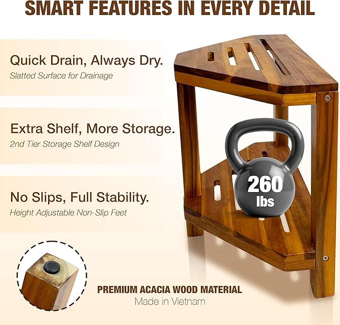 20" Corner Shower Stool for Inside Shower, Acacia Wood Shower Foot Rest for Shaving Legs with Storage Shelf, Waterproof Wooden Shower Bench Seat