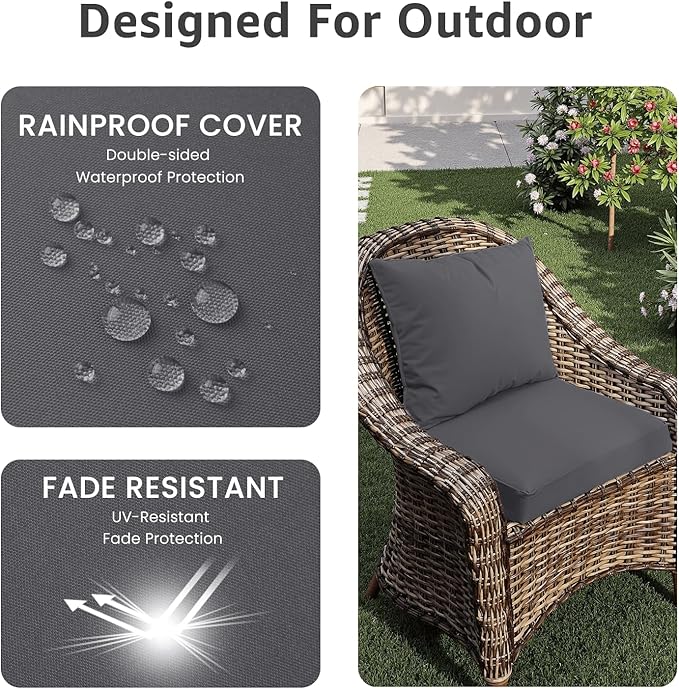 PatioGlow Outdoor Seat Cushion Set 22 x 22 x 4 Inch, Waterproof & Fade Resistant Patio Furniture Cushions with Removable Cover and Ties, Thick Deep Seating Pads for Outside Chair Sofa Couch, Grey