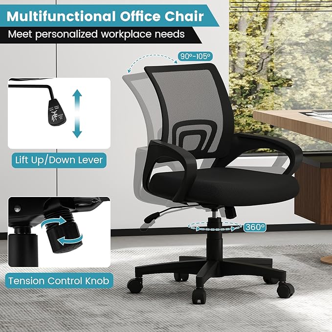 Giantex Ergonomic Mesh Office Chair, Mid-Back Computer Chair with Breathable Backrest, Lumbar Support and Adjustable Height, Gaming Chair, Swivel Rolling Desk Chair for Home Office, Task and Study
