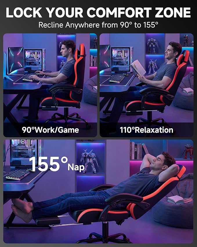 GTPLAYER Gaming Chair for Adults, Ergonomic Computer Gaming Chair with Footrest, Height Adjustable, 90-155° Recline & Removable Headrest Lumbar Support, Black&Red