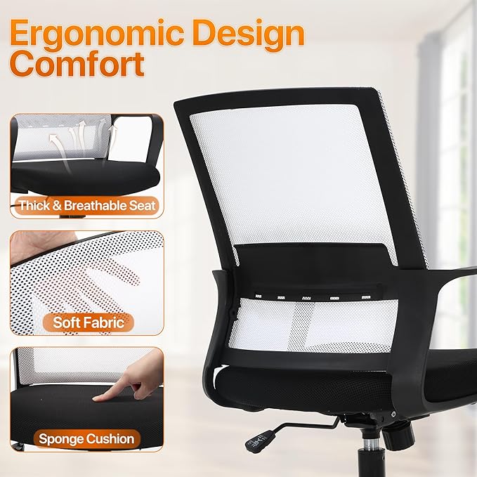 Ergonomic Office Chair, Comfortable Home Desk Chair, Breathable Mesh Back Computer Chair and Lumbar Support, Adjustable Height, Sponge Seat, White