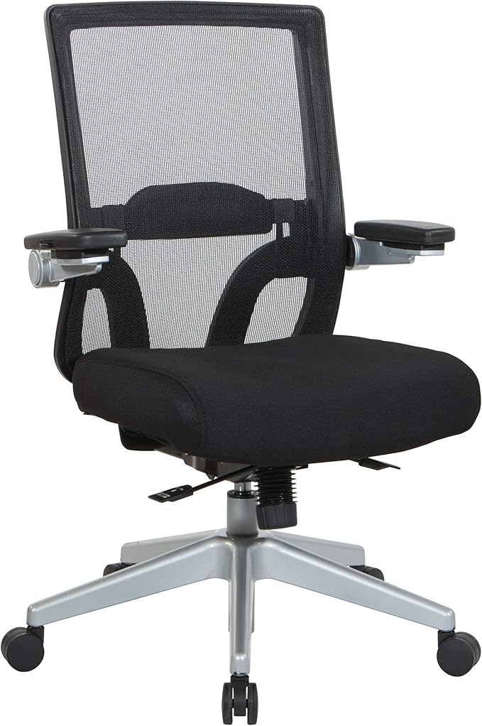Space Seating 867 Series Adjustable Manager's Chair with Breathable Mesh Back, Lumbar Support and Padded Flip Arms, Black Fabric Seat with Silver Nylon Base