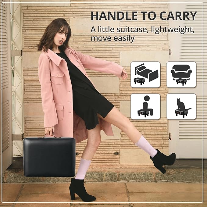 Small Foot Stool with Handle, Black PU Leather Short Foot Stool Rest, Rectangle Storage Foot Stools Ottoman with Plastic Legs, Padded Footstool Small Step Stool for Living Room, Office, Desk, Patio