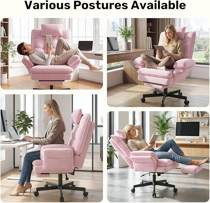 Criss Cross Office Chair with Flip-Up Armrests and Headrest, 135° Reclining Swivel Velvet Criss Cross Chair with Wheels & Foot Rest, Big and Tall Cloud Cross Legged Office Chair for Home, Pink