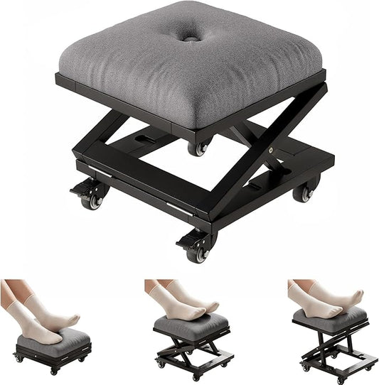 VECELO Foot Rest Under Desk at Work, Height Adjustable Rolling Foot Stool with Wheels, Cushioned Seat for Living Room, Bedroom, Home Office