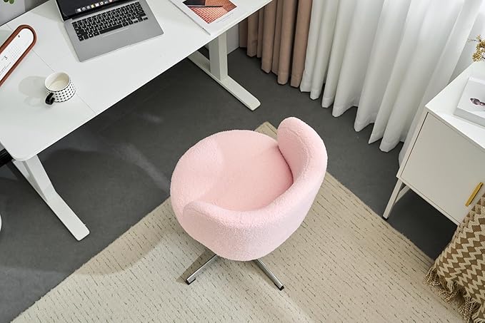 VINGLI Cute Small Swivel Desk Chair Comfy no Wheels,Ergonomic Low-Back Lumbar Support Vanity Nail Tech Computer Task Stool Girls Women Kids Chair for Home Office,Height Adjustable,Teddy Fleece,Pink