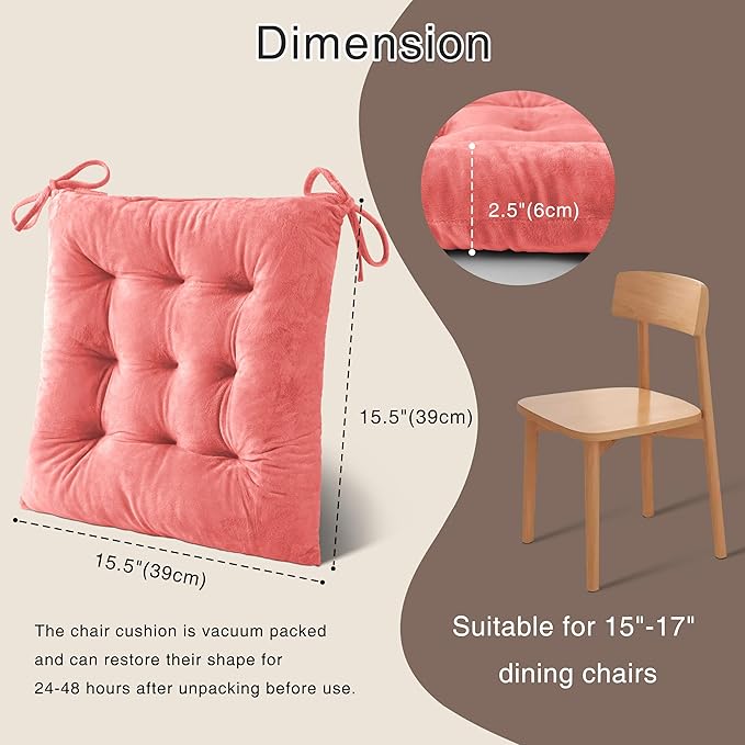 OVOV 6 Pack Chair Cushions for Dining Chairs Soft Seat Cushions for Kitchen Desk Chairs Square Chair Pads with Ties (15.5"x15.5" Pink)