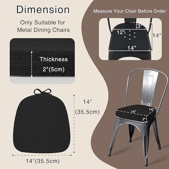OVOV 14x14 Chair Cushions for Metal Dining Chairs Set of 2 Non Slip Thick Textured Chair Pads for Dining Chairs with Ties and Removable Cover (Black)