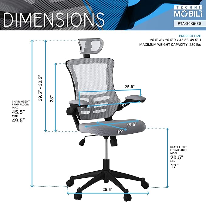 Modern High Back Mesh Executive Chair With Headrest And Flip Up Arms. Color: Silver Grey