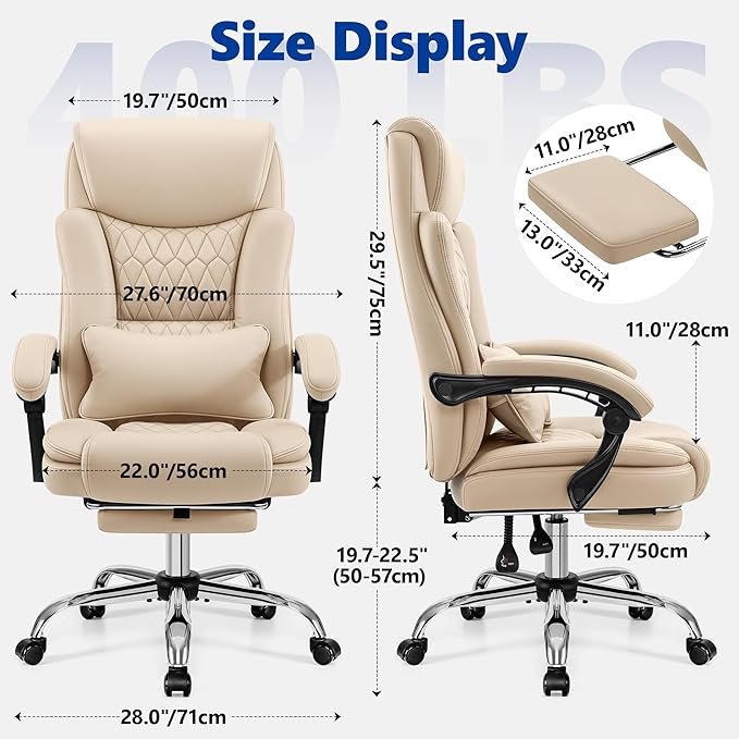 Big and Tall Office Chair 400lbs - Wide Memory Foam Seat with Spring Pack, Reclining Executive Desk Chair with Footrest, Ergonomic Heavy Duty High Back Computer Chair, Khaki
