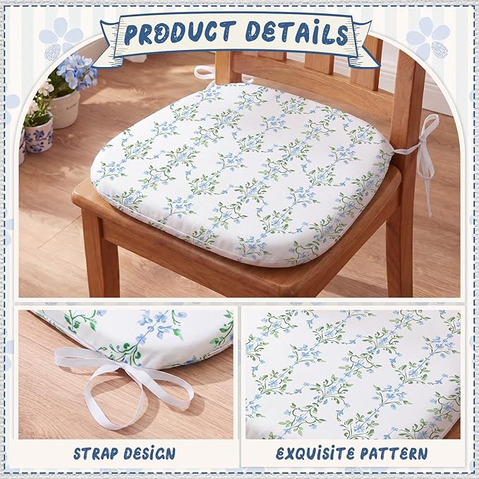 4 Pack Grandmillenial Chair Cushions for Dining Chairs 17" x 16" x 2" D-Shaped Breathable Blue and White Floral Linen Kitchen Chair Pads with Ties Washable Non Slip Seat Cushion
