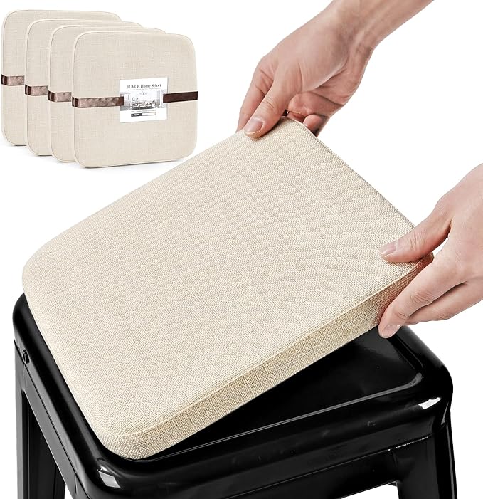 BUYUE Friendly Woven Fabric Magnetic Bar Stool Cushions Set of 4, Enhanced Anti-Slip Breathable Small Chair Seat Pads for Café Bistro Stackable Metal Stools (Square, Beige, 4 Counts)