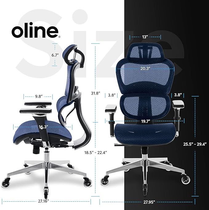 Oline ErgoPro Ergonomic Office Chair - Rolling Desk Chair with 4D Adjustable Armrest, 3D Lumbar Support and Blade Wheels - Mesh Computer Chair, Gaming Chairs, Executive Swivel Chair (Navy Blue)