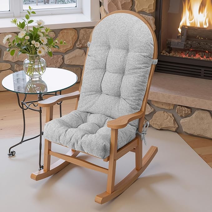 Rocking Chair Cushion - Lola Cotton-Linen Fabric, High-Density Sponge, Durable Comfort Non-Slip Bottom Tufted Seat Pads with Ties, Lola︱Ash Gray, 44x19x4 inch