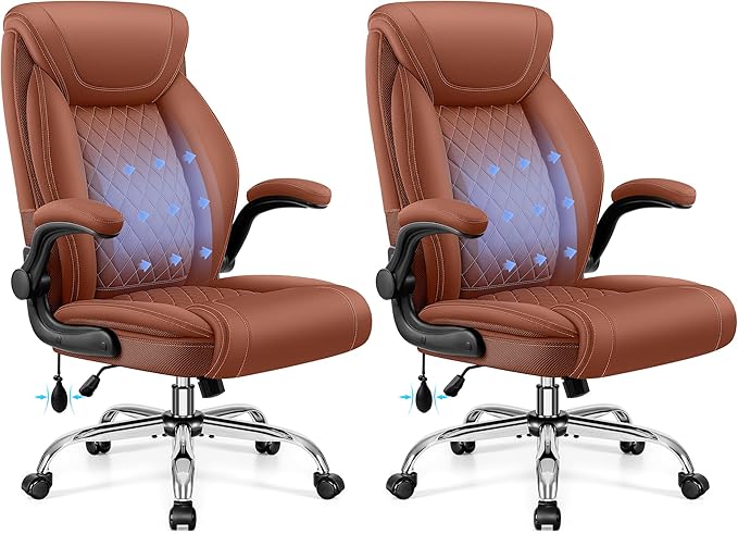 Office Chair, Big and Tall Ergonomic Desk Chair, Executive Leather Computer Chair with Adjustable Lumbar Support, Comfy Gaming Chair with Flip Up Arms, Swivel PC Chair with Rocking Function, Brown