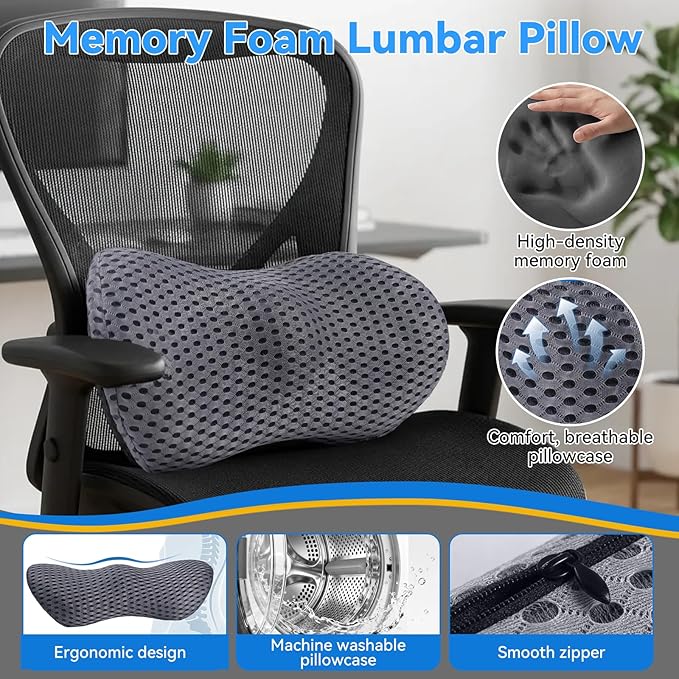 Lumbar Support Pillow, Memory Foam Lumbar Pillow for Office Chair and Car Seat, Back Pillow for Lower Back Pain Relief, Back Support Pillow for Sitting, Driving, Traveling (Light Gray)