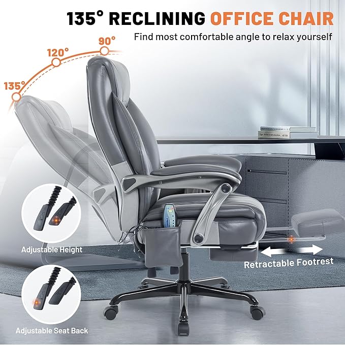 Massage Office Chair with Heat & Foot Rest, 6 Points Vibration, Ergonomic Executive Reclining Desk Chair, PU Leather Padded Seat for Home Office Comfort