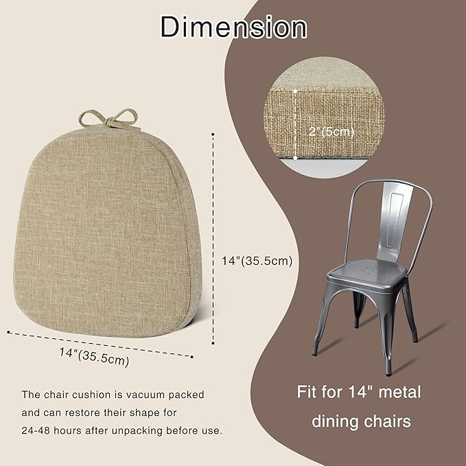 OVOV 14x14 Chair Cushions for Metal Dining Chairs Set of 1 Non Slip Thick Textured Chair Pads for Dining Chairs with Ties and Removable Cover (1, Beige)