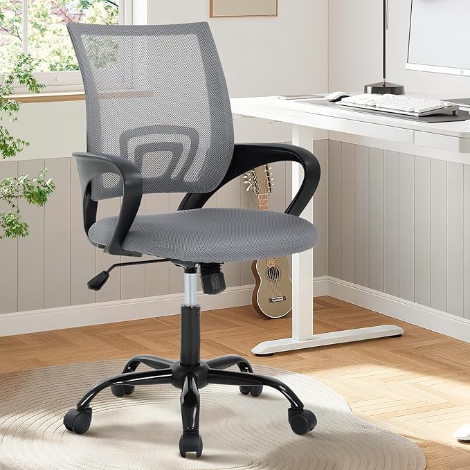 Ergonomic Office Chair Mesh Mid Back with Lumbar Support Armrest, Adjustable Home Desk Chair Comfy Computer Task Drafting Rolling Swivel Chairs for Gaming, Home Work, Study, Grey