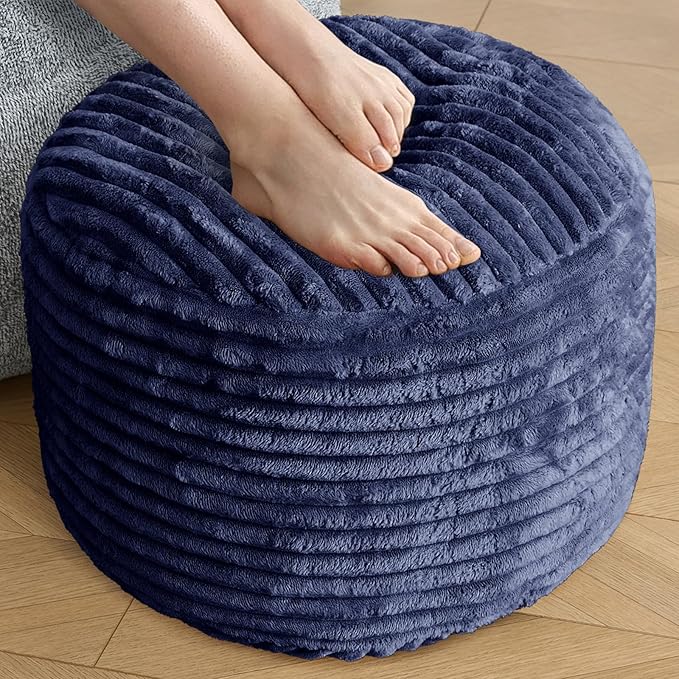 SHOUREN Stuffed Round Ottoman,Corduroy Pouf Ottoman Foot Rest with Foam Filling,Pouf Storage Ottoman Footstool for Living Room,20 X 15 Floor Poufs for Couch - 20 X 15 Inches,Navy