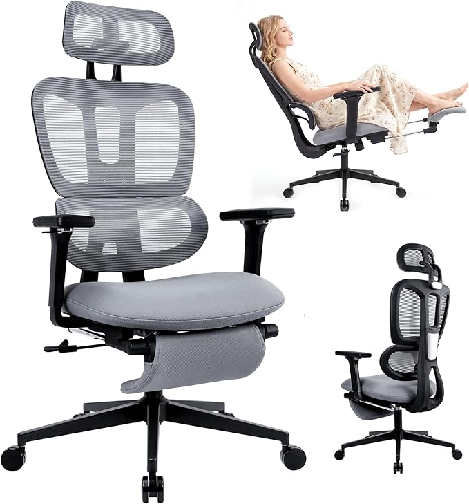Ergonomic Office Chair with Footrest, 90-135° Reclining High Back Desk Chair with Lumbar Support, 2D Headrest, 4D Armrests, Computer Chair for Long Hours, Dark Grey
