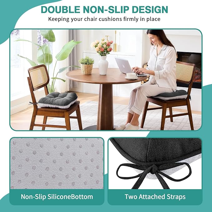 BETU Black Chair Cushions for Dining Chairs Set of 2,3.5" Thick Kitchen Table Chair Pads with Ties,Non Slip Backing and Covers,Seat Cushion for Dining Room,Bar,Patio Chairs,15.5"X15.5"X3.5",Black