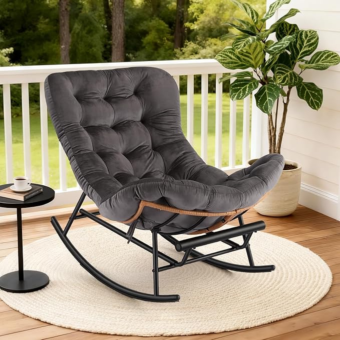 Jojoka Oversized Papasan Rocking Chair with Detachable Foot Rest, PE Rattan Rocker with Thick Removable Cushion, Metal Frame Lounge Chair for Indoor Outdoor Patio Garden Porch Living Room