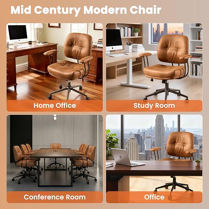 Leather Home Office Chair, Mid Back Ergonomic Desk Chair with Lumbar Support, Mid Century Modern Deep Seat Swivel Rocking Computer Chair, Brown
