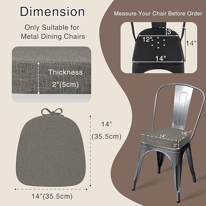 OVOV 14x14 Chair Cushions for Metal Dining Chairs Set of 2 Non Slip Thick Textured Chair Pads for Dining Chairs with Ties and Removable Cover (Light Grey)