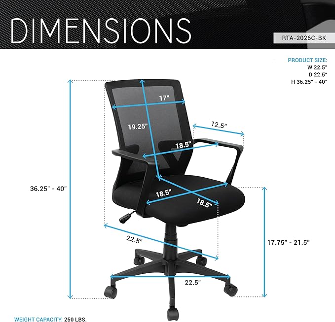 Techni Mobili Ergonomic Mesh Office Chair, Breathable Black Task Chair for Home Office or Study with Adjustable Height & Tilt, Affordable Desk Chair with Lumbar Support, Swivel Base & Armrests
