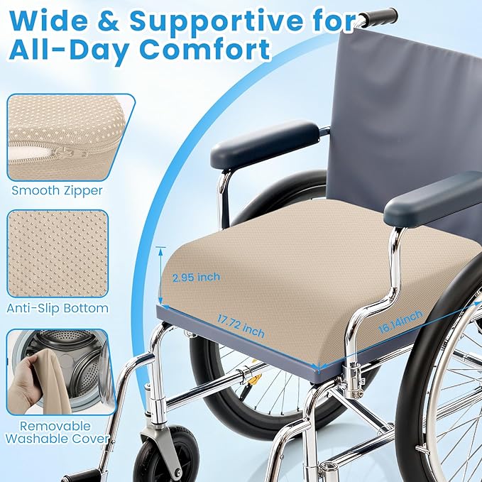Wheelchair Seat Cushion for Pressure Relief, Cooling Gel Memory Foam Chair Cushion with Slope-Edge Design, Coccyx Support for Tailbone Pain, Non-Slip, for Wheelchairs, Office Chairs & Car Seats, Khaki