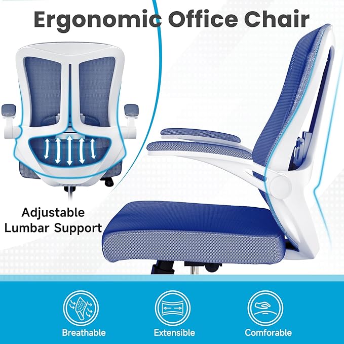 350 LBS Ergonomic Office Computer Mesh Chair - Adjustable Height Rolling Desk Chair with Flip-Up Armrests & High Back Support - Comfortable Swivel Task Chair for Home Office (02BLUE)
