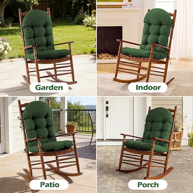 Rocking Chair Cushions, Indoor/Outdoor Adirondack Chair Cushion, Waterproof and Fade-Resistant Rocking Chairs Pads, Non-Slip Tufted High Back Patio Chairs Cushion with Ties, 44x19x4 Inch, Forest Green