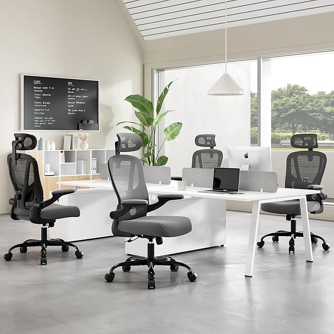 Office Chair Ergonomic Desk Chair - Mesh High Back Office Chair with Headrests Wheels Lumbar Support Home Desk Office Chairs Flip up Armrest Executive Rolling Computer Chair Black Gray