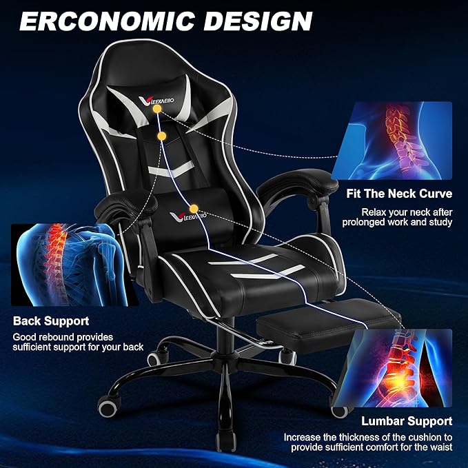 Gaming Chair for Adults, Ergonomic Gamer Chair with Footrest, Spring Pocket Cushion, Computer Office Desk Reclining Chair with Enlarged Metal Base, Linkage Armrests, Lumbar & Headrest (White)