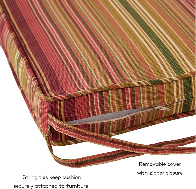 Outdoor 18 inch Square Patio Dining Chair Pads – Comfortable Fiber-Filled Seat Cushions with Ties, Reversible Polyester Fabric - Kinnabari Stripe, Set of 4