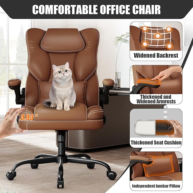 Ergonomic Office Chair with Flip-up Armrests, 300lbs Mid Back Computer Office Desk Chair with Lumbar Support, Executive Leather Chair with Rocking Function Adjustable Height for Home Office
