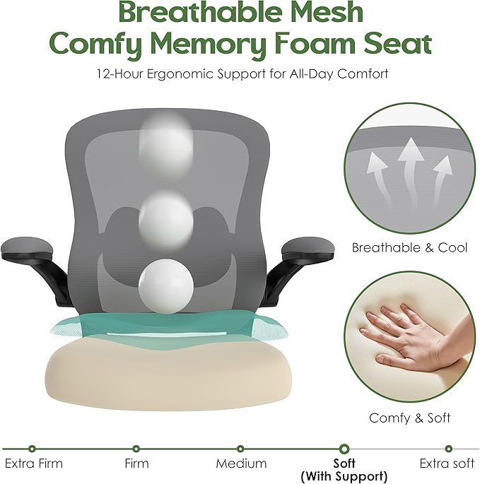 Office Chair Ergonomic Desk Chair - Mesh Comfy Home Desk Office Chairs with Wheels Adjustable Lumbar Support Flip up Armrest Executive Rolling Swivel Teacher Task Computer Chair Gray