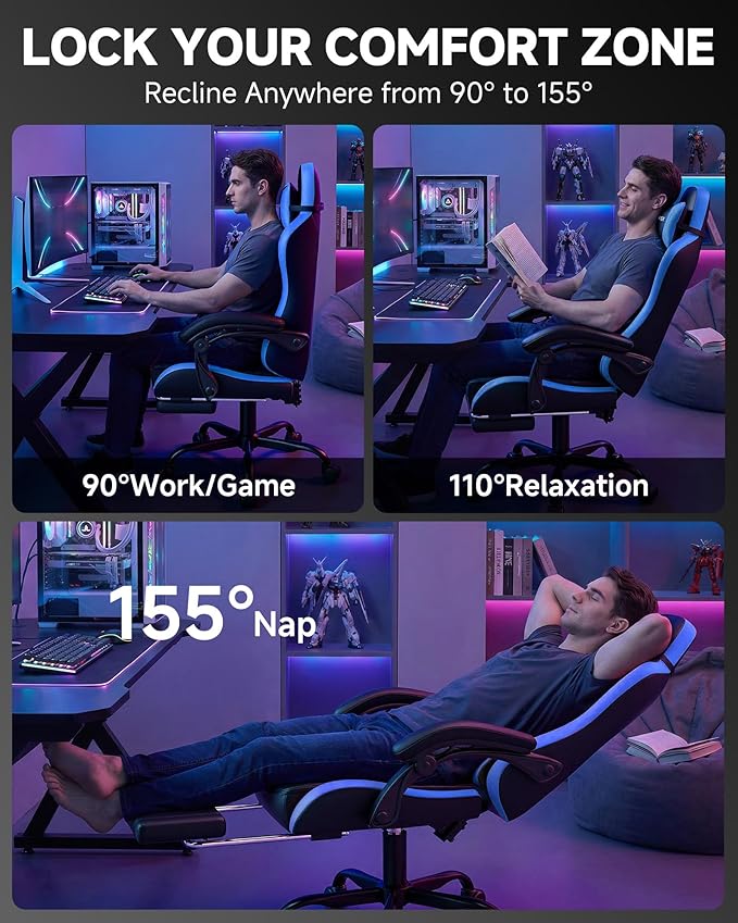 GTPLAYER Gaming Chair for Adults, Ergonomic Computer Gaming Chair with Footrest, Height Adjustable, 90-155° Recline & Removable Headrest Lumbar Support, Black&Blue