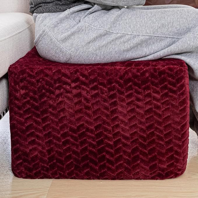 Furry Square Pouf Ottoman – 20"x14" One-Piece Seamless Integral Foam Foot Stool Ottoman Foot Rest Living Room Bedroom Under Desk (Redwine)