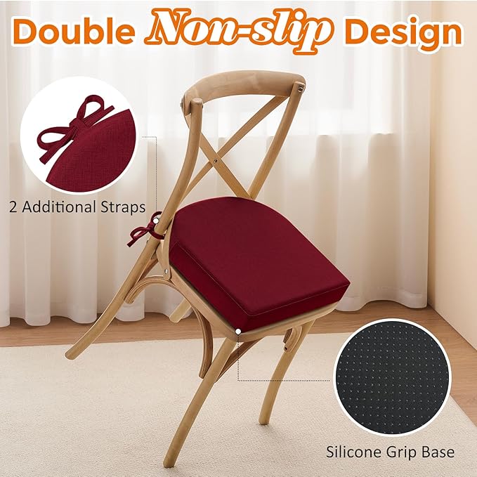 downluxe Chair Cushions for Dining Chairs, Memory Foam Linen Kitchen Chair Pads with Ties, Waterproof, Stain-Resistant and Washable Cover, 17" x 16" x 2.5", Red, 2 Pack