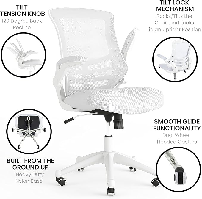Flash Furniture Kelista Mid-Back Swivel Office Chair with Adjustable Lumbar Support and Seat Height, Ergonomic Mesh Desk Chair with Flip-Up Armrests, White