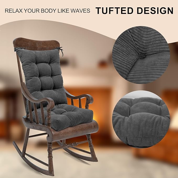 Lokex Rocking Chair Cushion Only,Tufted Non-Slip Comfortable Rocking Chair Cushions Indoor with Ties,Striped Rocking Chair Pads (Dark Gray, 28x18/18x18)