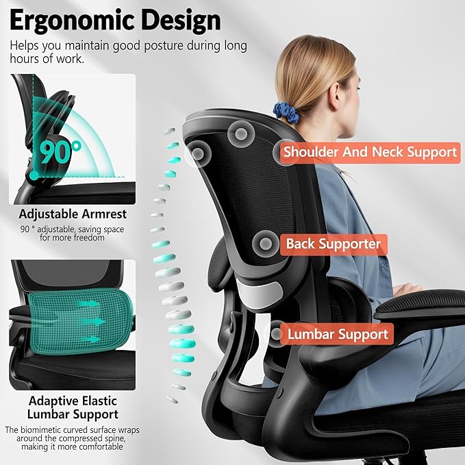 BESTFAIR Office Chair Ergonomic Desk Chair, Breathable Mesh Comfy Chair with Lumbar Support, Computer Chair, Home Desk Chair with Flip-up Armrests, Gaming Chair for Adults Home Office