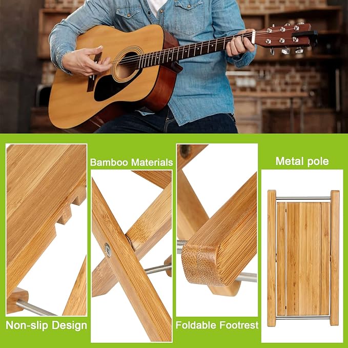 QTLCOHD 4 Gear Bamboo Guitar Foot Stool, 9.25 Inch Adjustable Non-Slip Foot Rest for Classical Acoustic Guitar Player